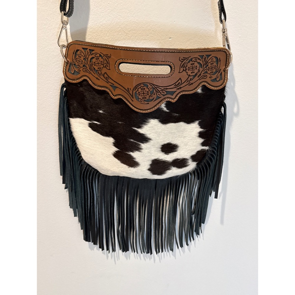 Cowhide Leather Fringe Tooled Western Crossbody Bag
